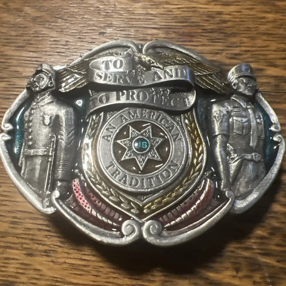 Vtg 1986 To Serve And Protect Belt Buckle Bergamot Brass Works F-45 Pewter USA